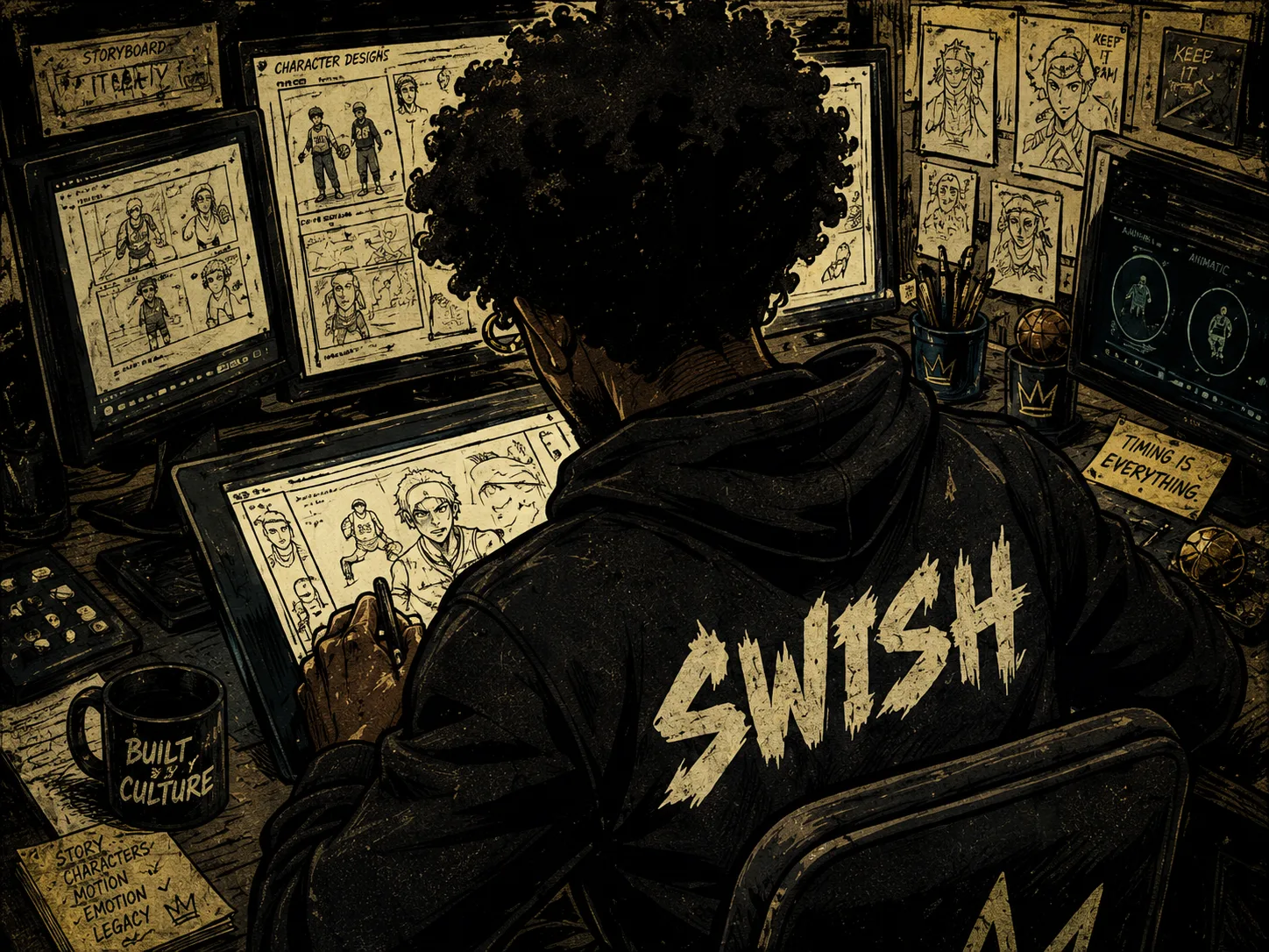 A veteran animator drawing Swish characters at a glowing studio desk