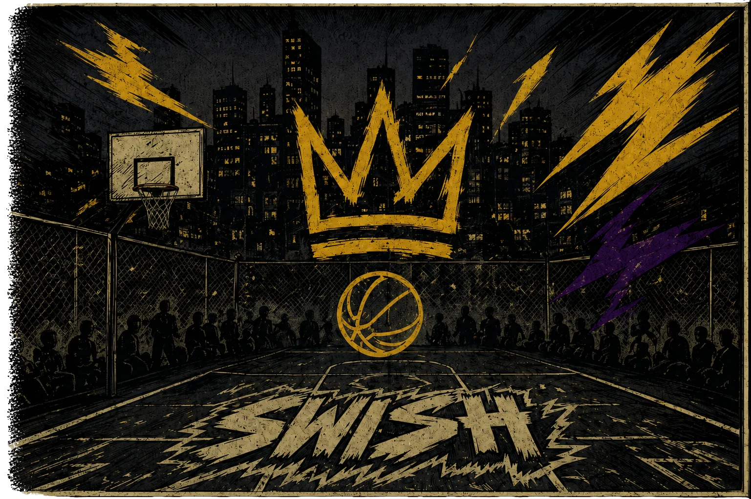 A floodlit night streetball court with a glowing crown and basketball