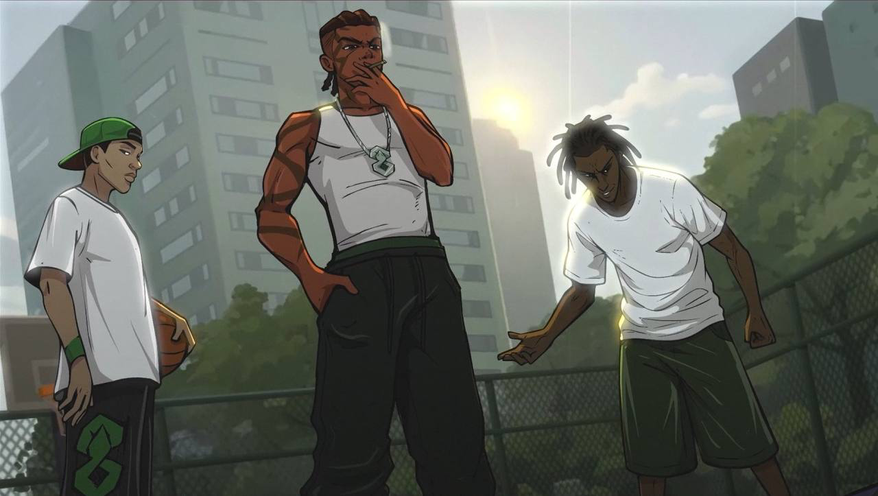 Three streetball players on an outdoor court beneath city towers