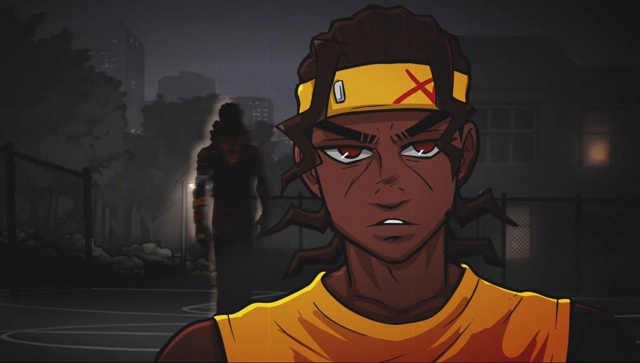 Rax wearing his yellow headband on a night basketball court