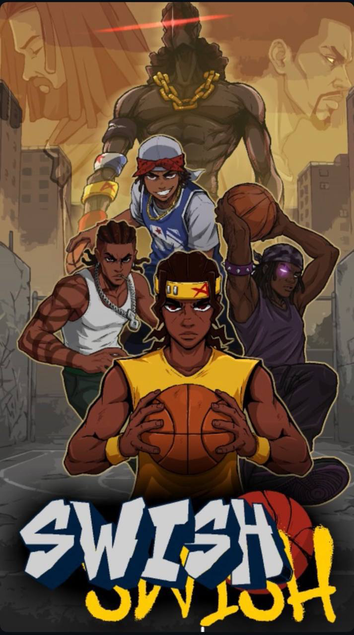 Swish ensemble poster with Rax holding a basketball in front of the crew