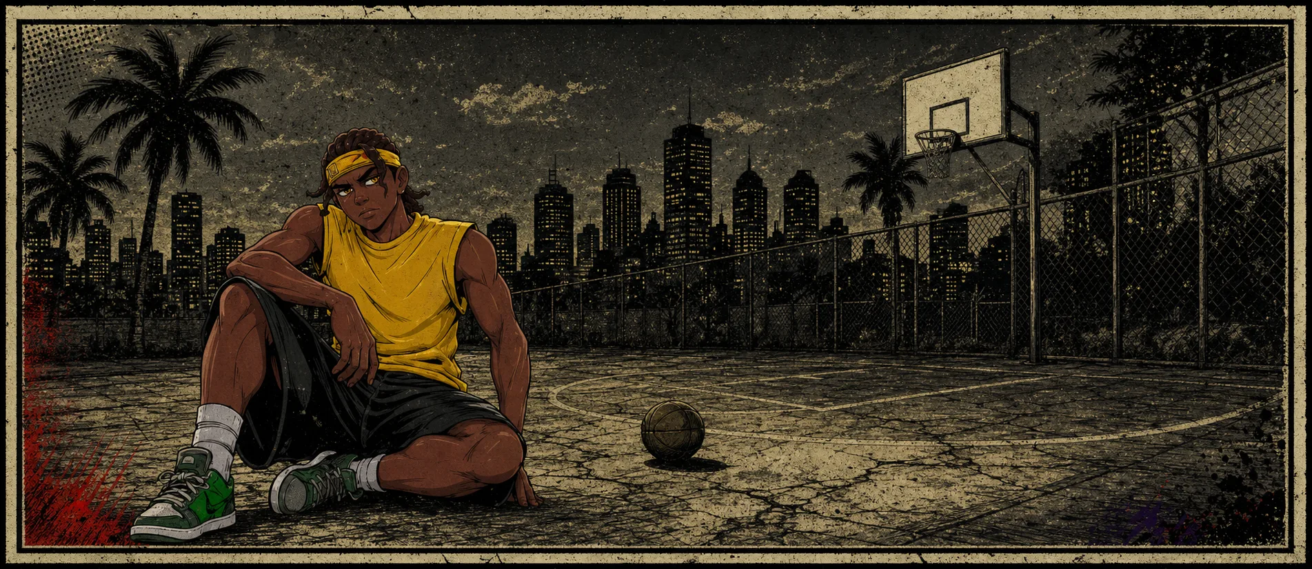 Rax seated on a gritty night streetball court