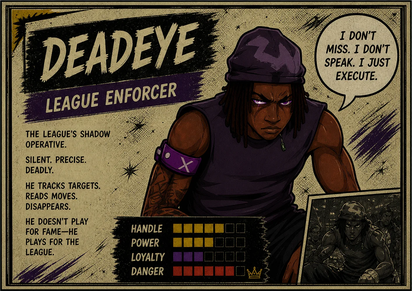 DEADEYE — League Enforcer. “I don’t miss. I don’t speak. I just execute.” The league’s shadow operative: silent, precise, deadly.