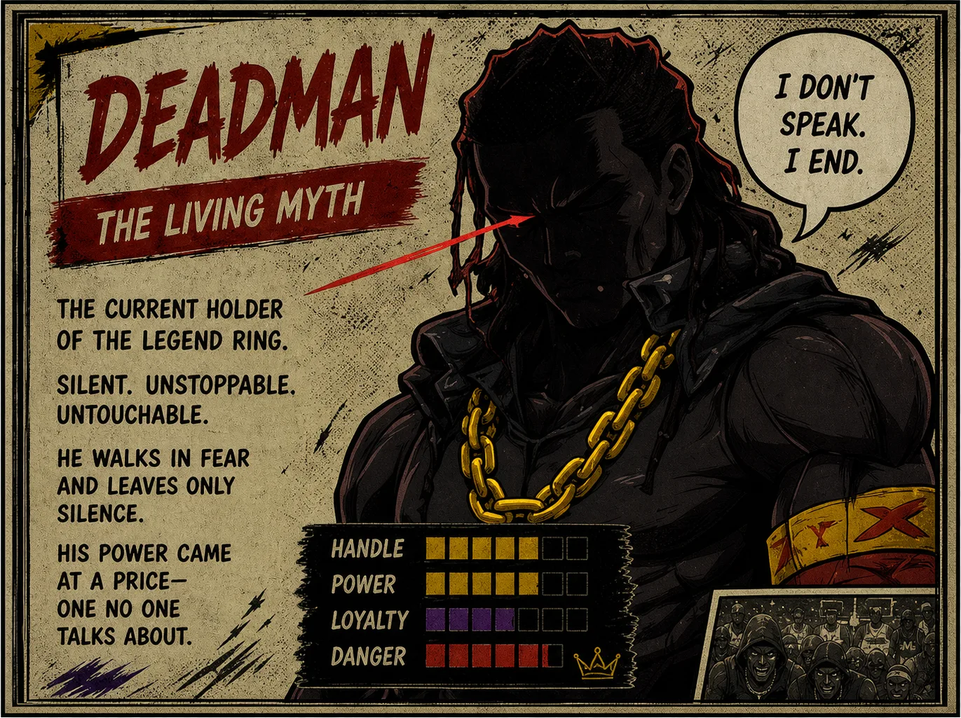 DEADMAN — The Living Myth. “I don’t speak. I end.” The current holder of the Legend Ring: silent, unstoppable, untouchable.