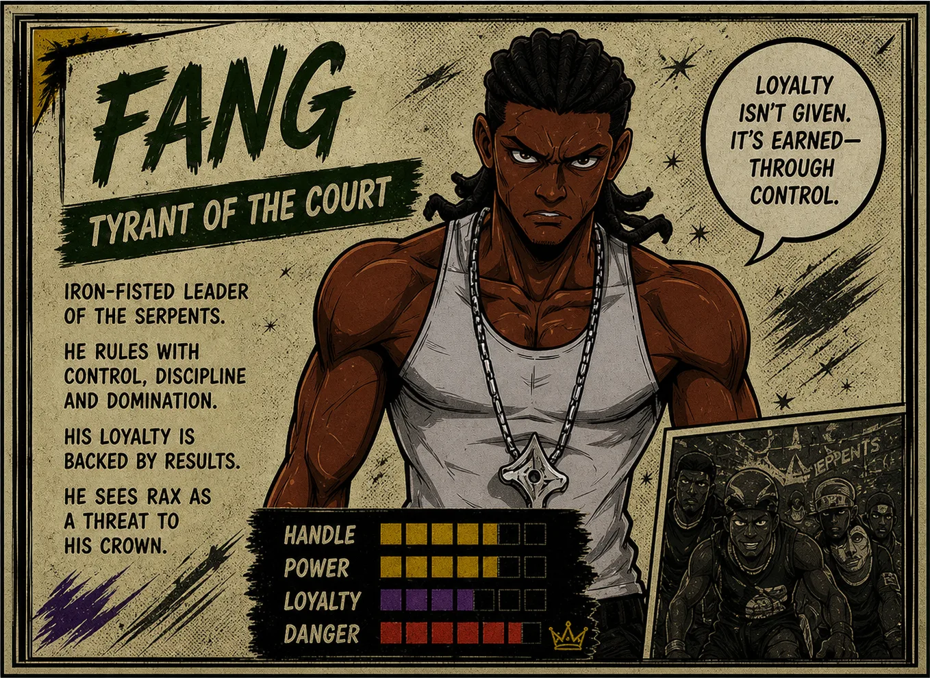 FANG — Tyrant of the Court. “Loyalty isn’t given. It’s earned through control.” Iron-fisted leader of the Serpents, ruling with discipline and domination.