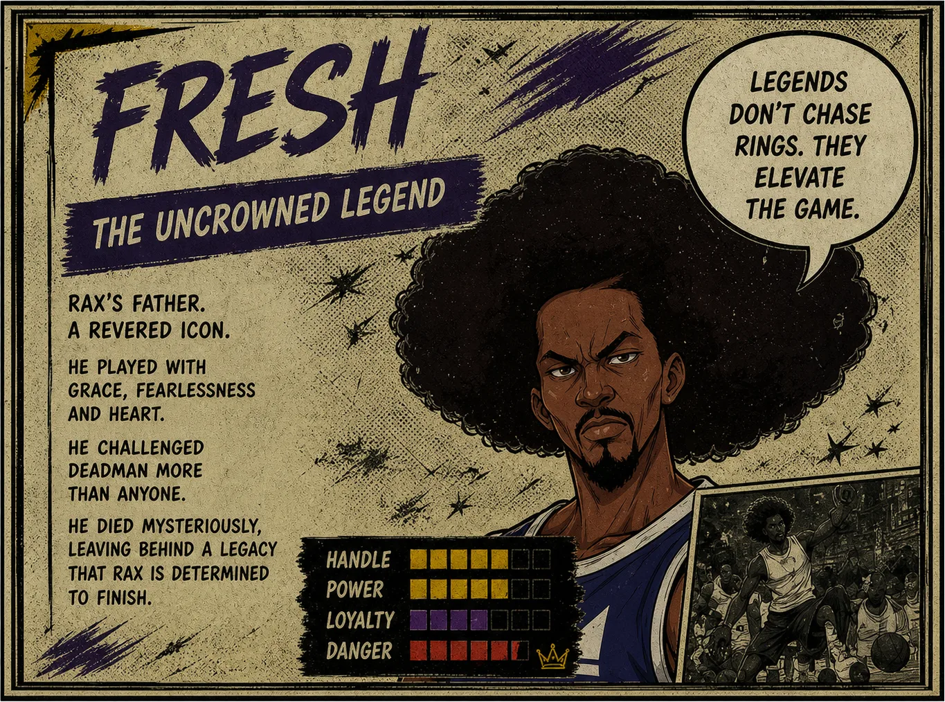 FRESH — The Uncrowned Legend. Rax’s father, a revered icon who played with grace and heart, then vanished, leaving a legacy Rax is determined to finish.