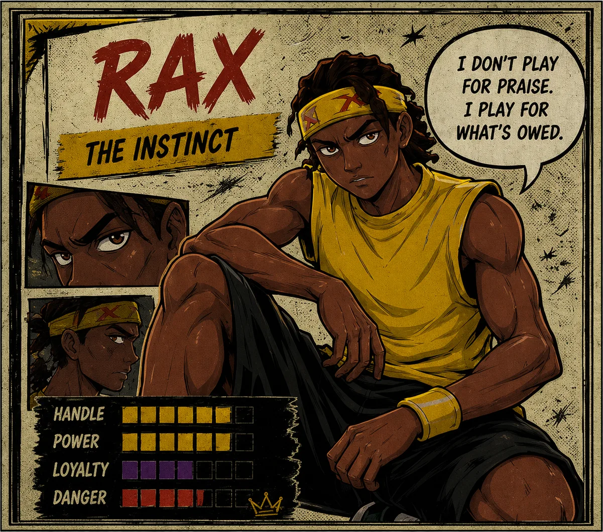 RAX — The Instinct. “I don’t play for praise. I play for what’s owed.” Stats: Handle, Power, Loyalty, Danger.
