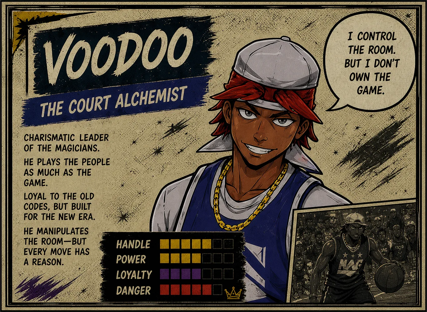 VOODOO — The Court Alchemist. “I control the room, but I don’t own the game.” Charismatic leader of the magicians who plays the people as much as the game.
