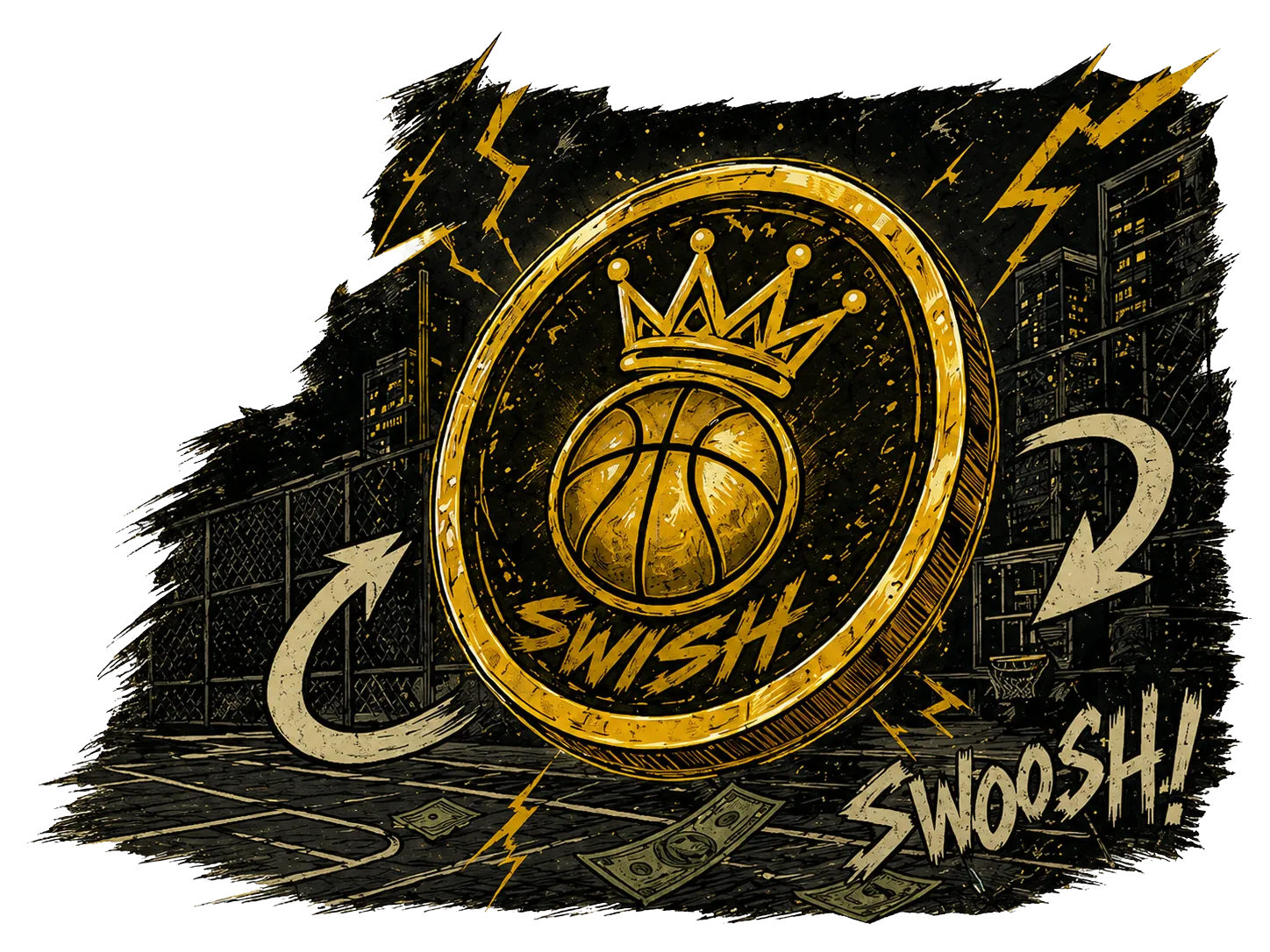 The golden $SWISH coin ringed in gold on a night court — Swoosh!