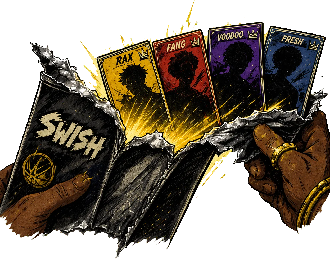 A hand ripping open a SWISH pack as Rax, Fang, Voodoo and Fresh cards burst out