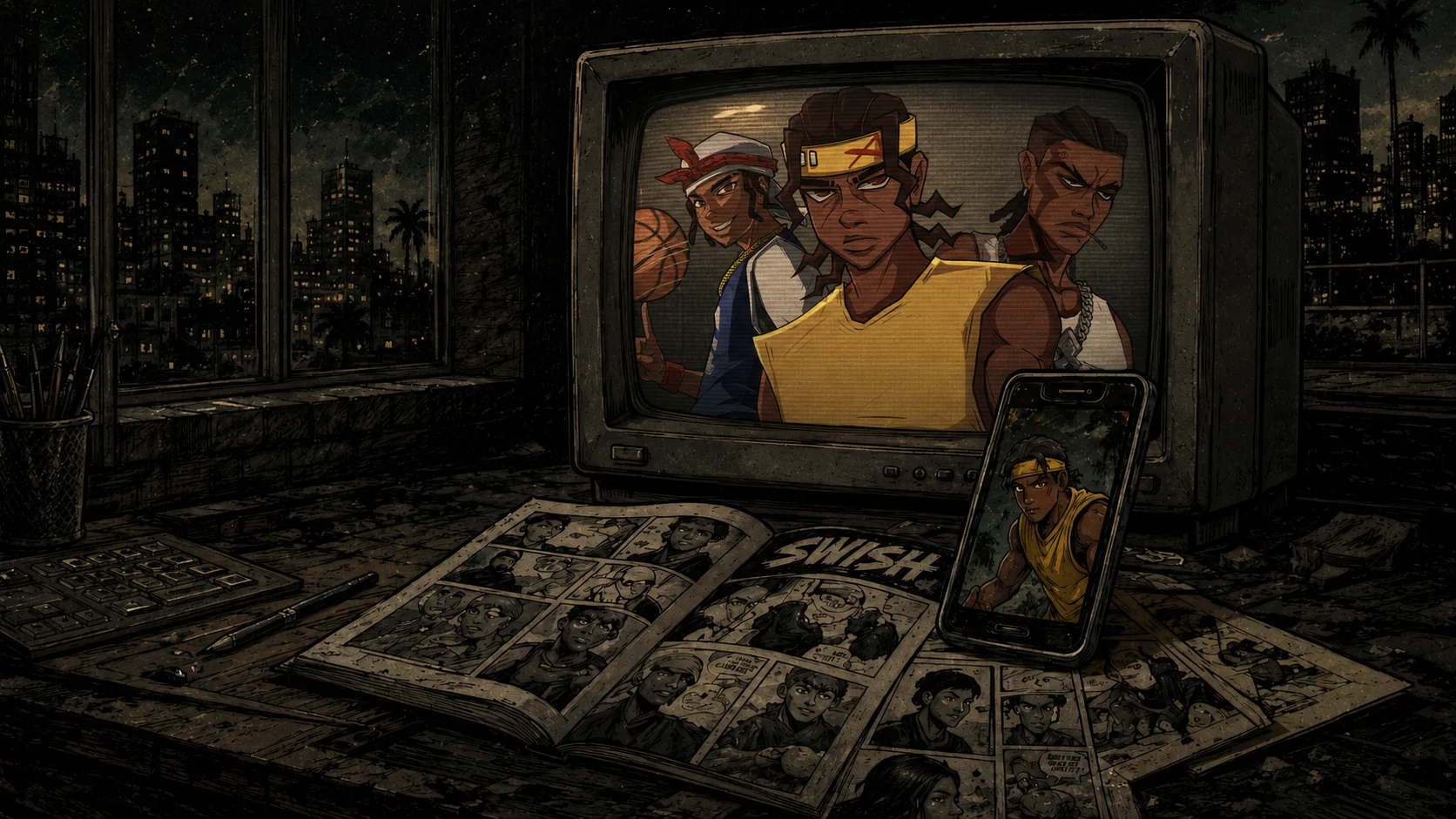A night room: a vintage TV playing episode 7, The Burn, a phone showing the Swish+ app, and comic covers spread on the desk.