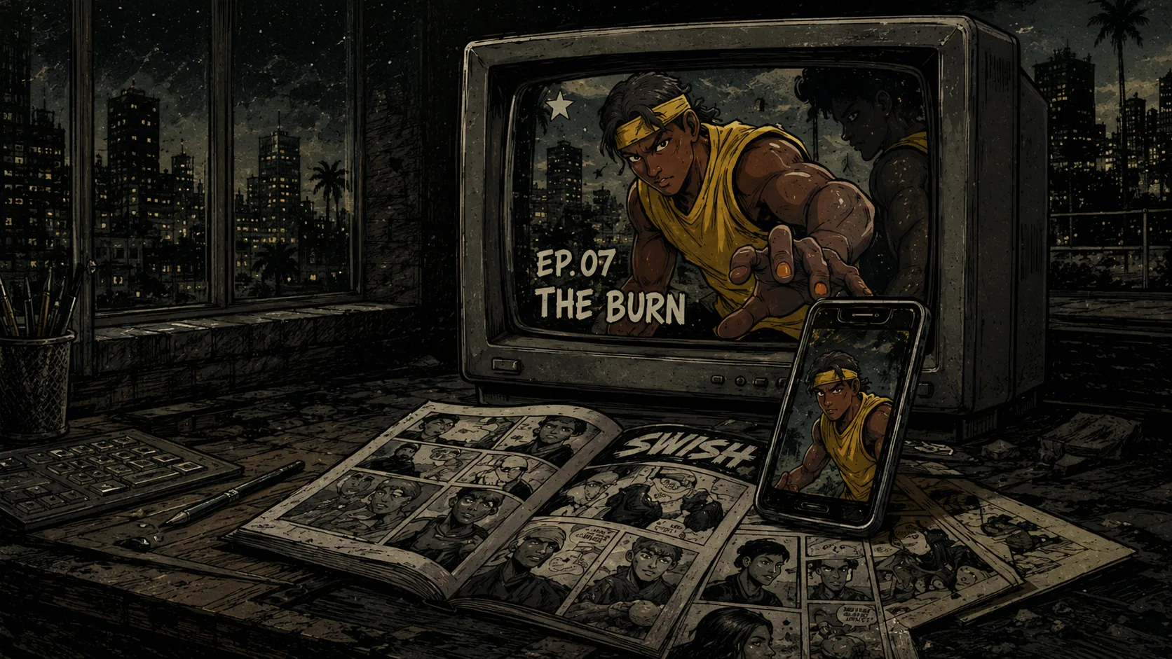 A night room: a vintage TV playing episode 7, The Burn, a phone showing the Swish+ app, and comic covers spread on the desk.
