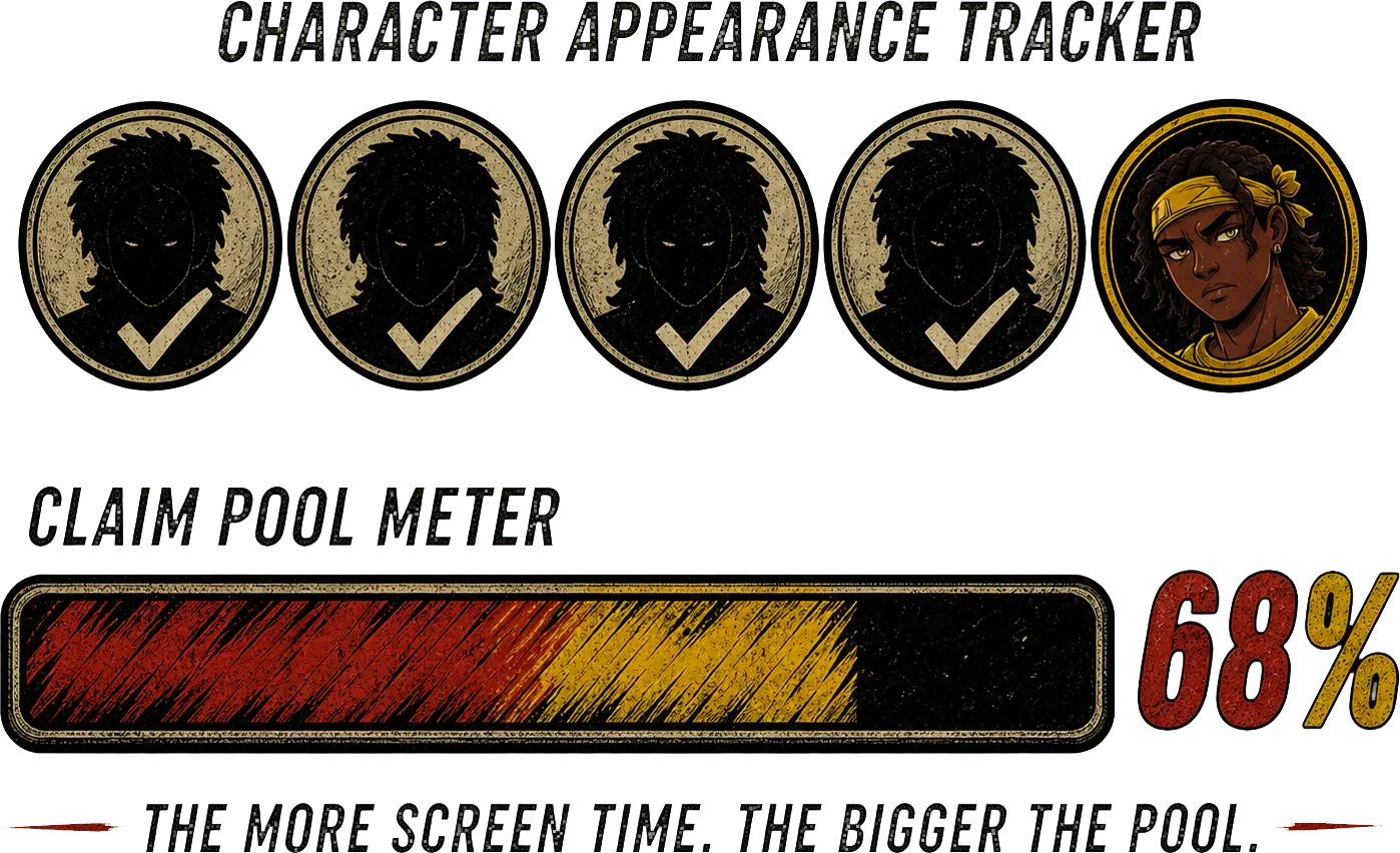 Character appearance tracker and claim pool meter at 68%. The more screen time, the bigger the pool.