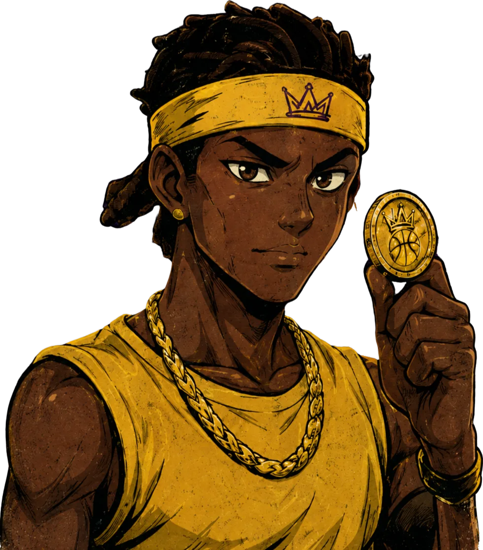 A streetball player holding a $SWISH coin