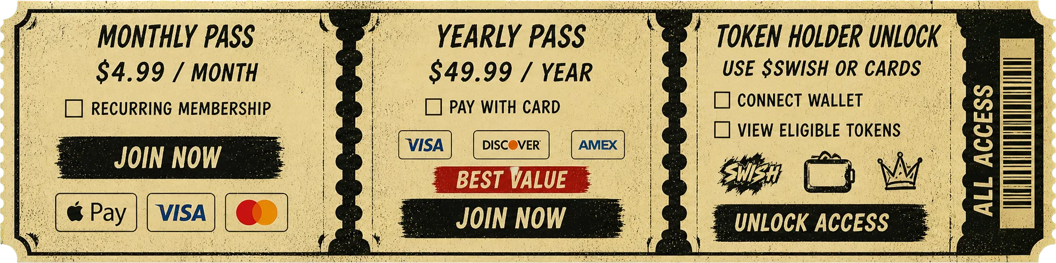 Monthly pass, yearly pass, and token holder unlock options.
